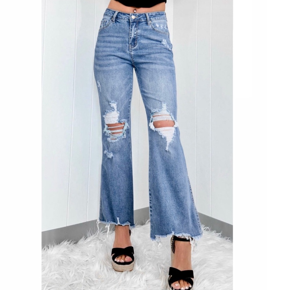 Dusk Blue High Rise Distressed Flare Jeans - Picture 1 of 10